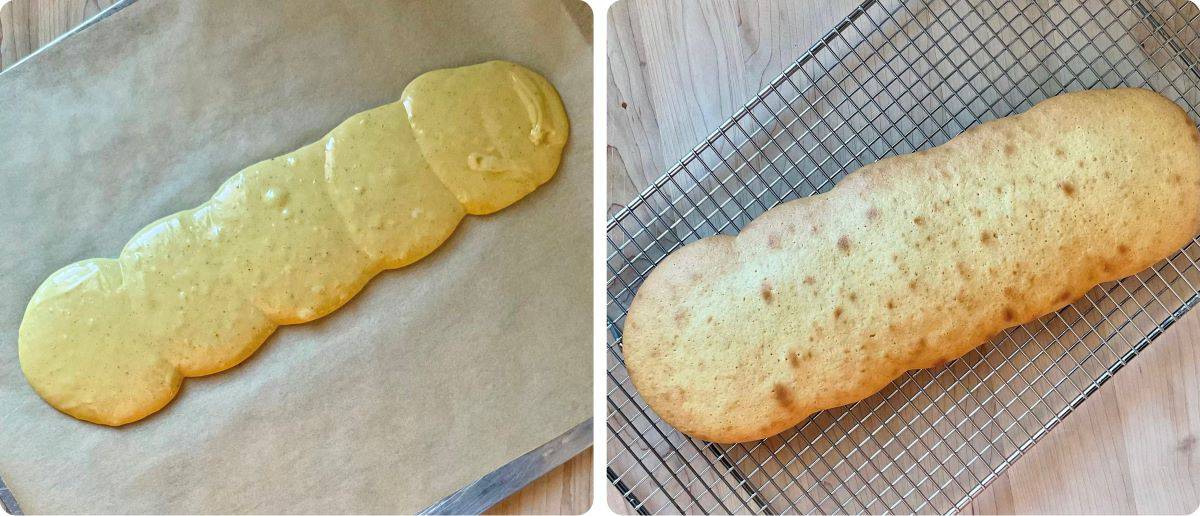 A photo collage of before and after baking a loaf of anise sponge cookies.