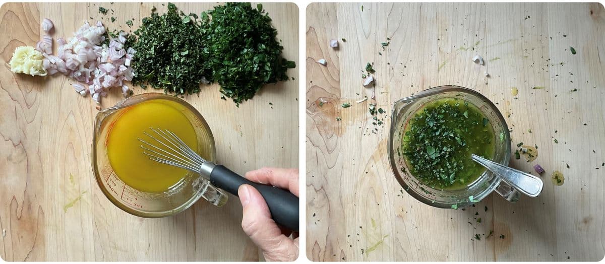 A photo collage of the ingredients being whisked together to make the herb sauce.