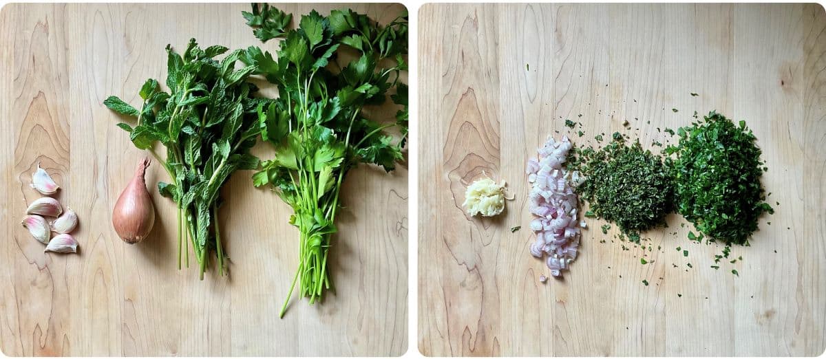 A photo collage of the herbs to make a herb condiment.