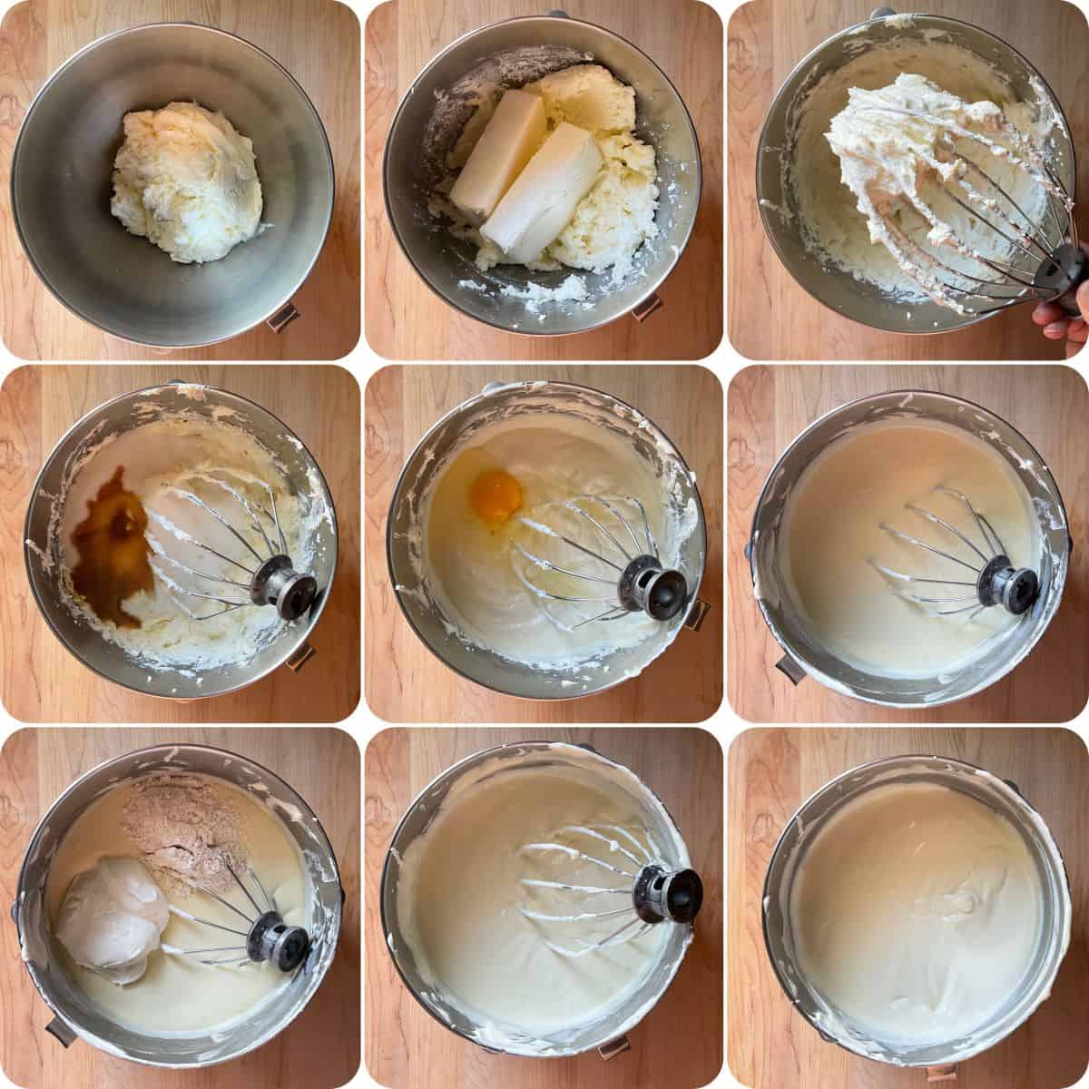 A step by step photo tutorial on how to make the batter for a cheesecake.