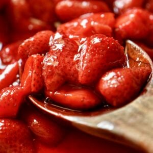 Baked strawberries in a baking dish.