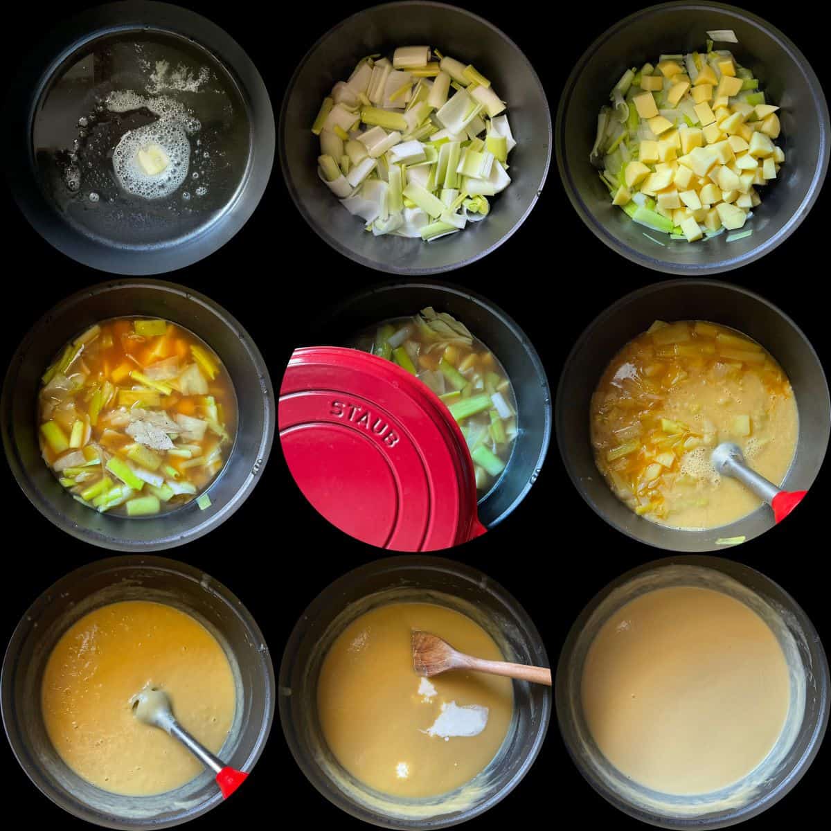 A photo collage of the step by step procedure to make potato leek soup.