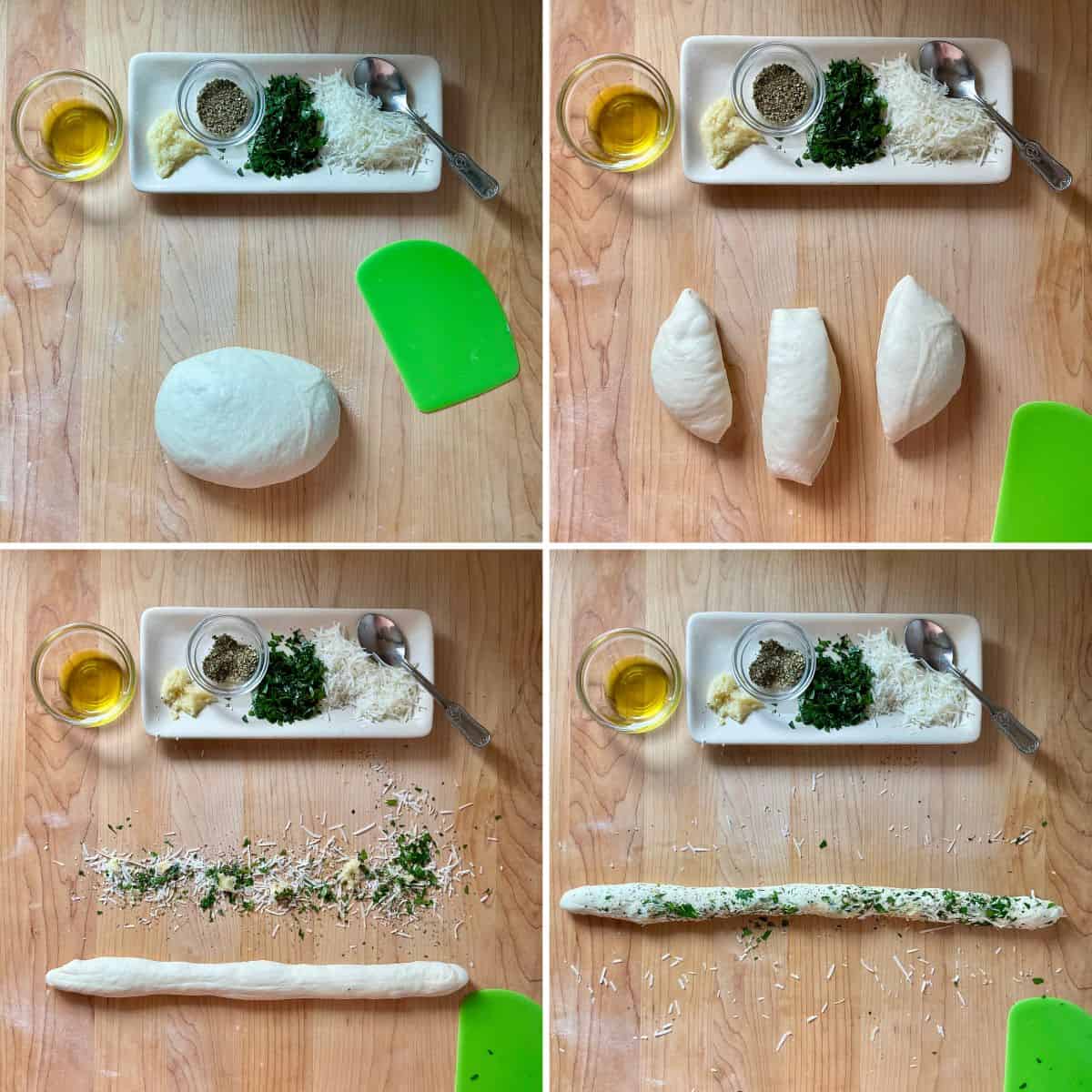 A photo collage of the pizza dough and how it is cut and rolled in the herbs and spices.