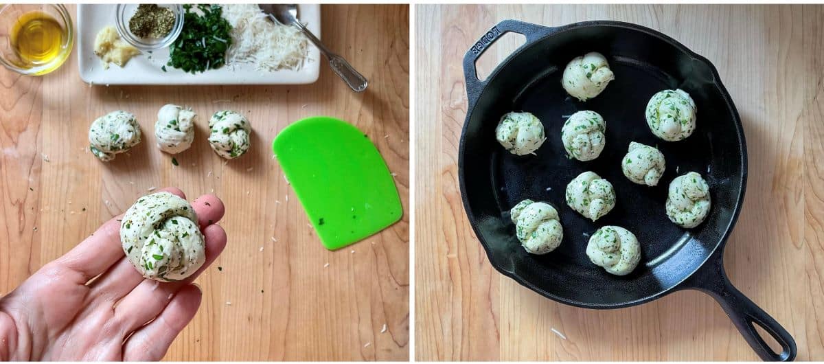 A photo collage of the garlic knots in a cast iron pan, ready to be baked.