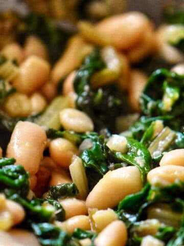 A close up photo of sauteed rainbow chard with white beans.