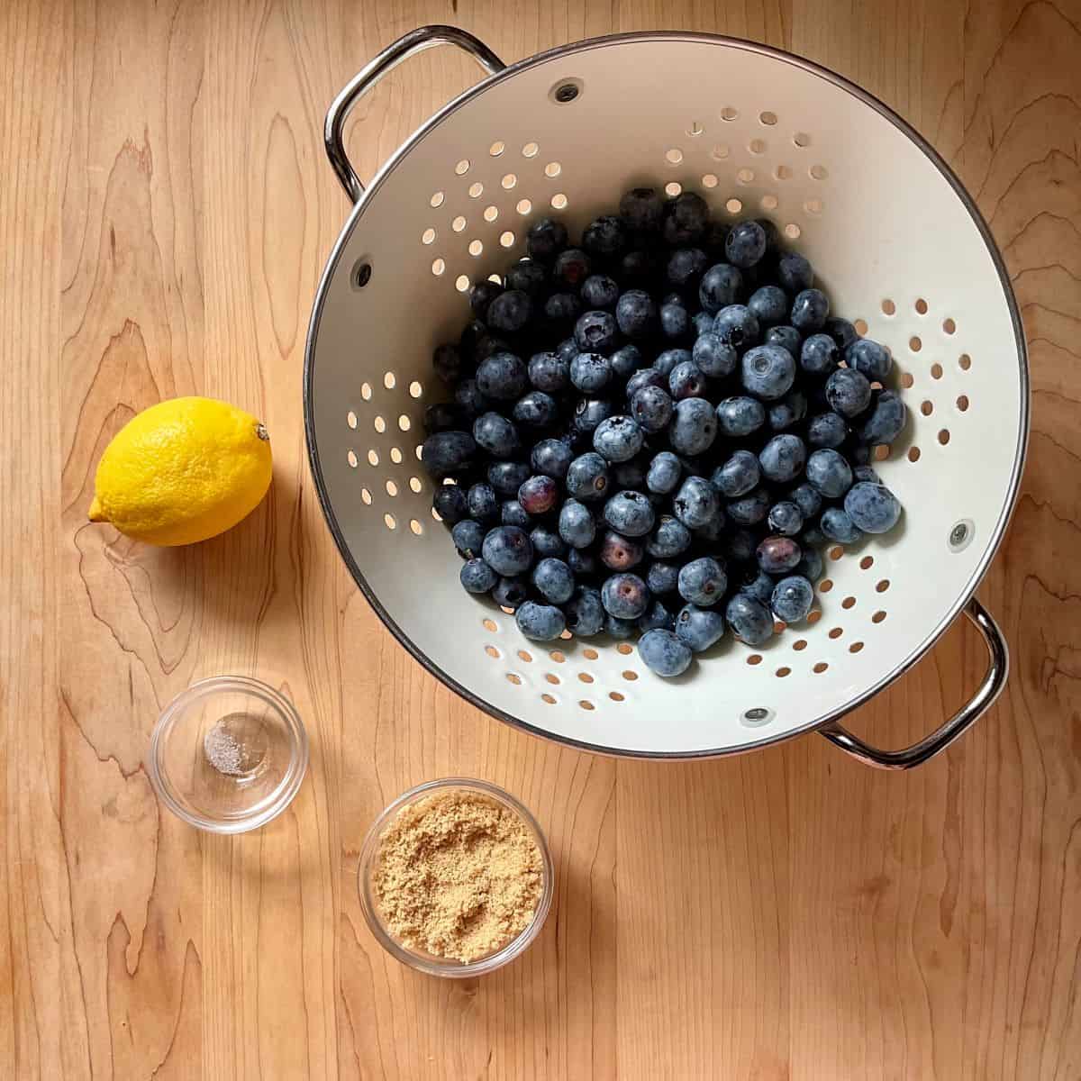 All the ingredients needed for a blueberry compote recipe.