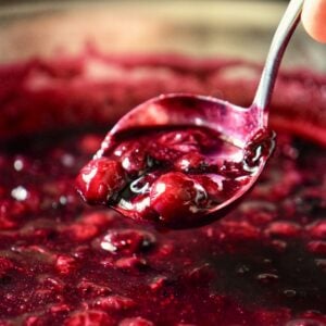 A ladle scooping blueberry compote from a pan.