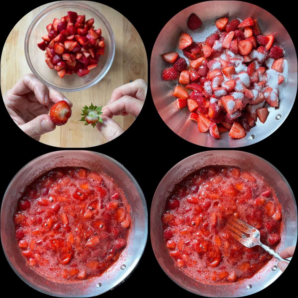 A photo collage of how to make strawberry compote.