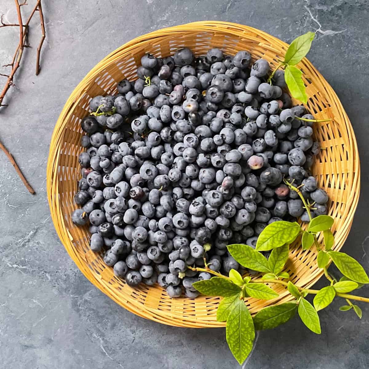 A wicker basket of fresh blueberries.