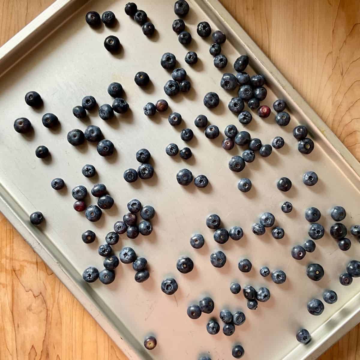 Fresh blueberries on a rimmed baking sheet.