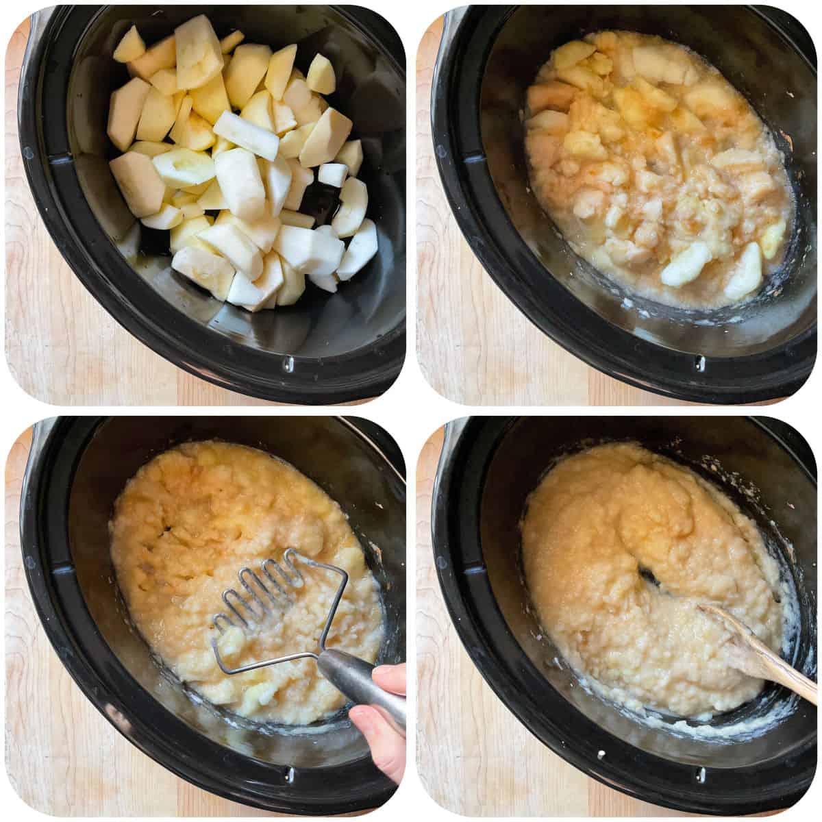 A photo collage of the step-by-step process of making a crockpot applesauce recipe.