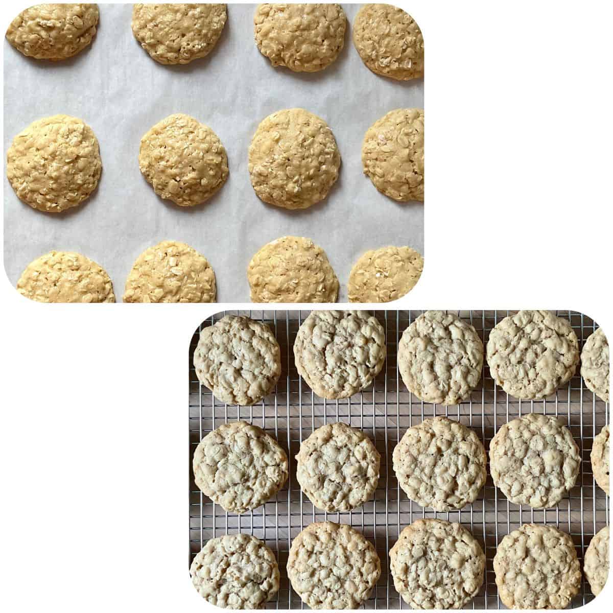 Collage showing freshly baked oatmeal cookies on a baking sheet right out of the oven, followed by cookies cooling on a wire rack 10 minutes later, highlighting their golden texture.