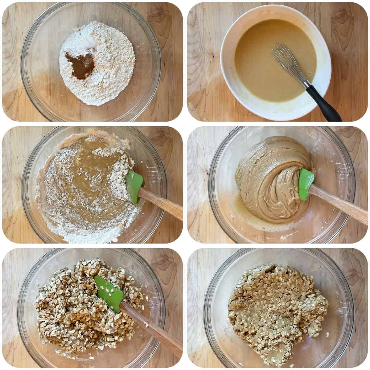 Step-by-step photo collage showing how to make oatmeal cookies with coconut oil.