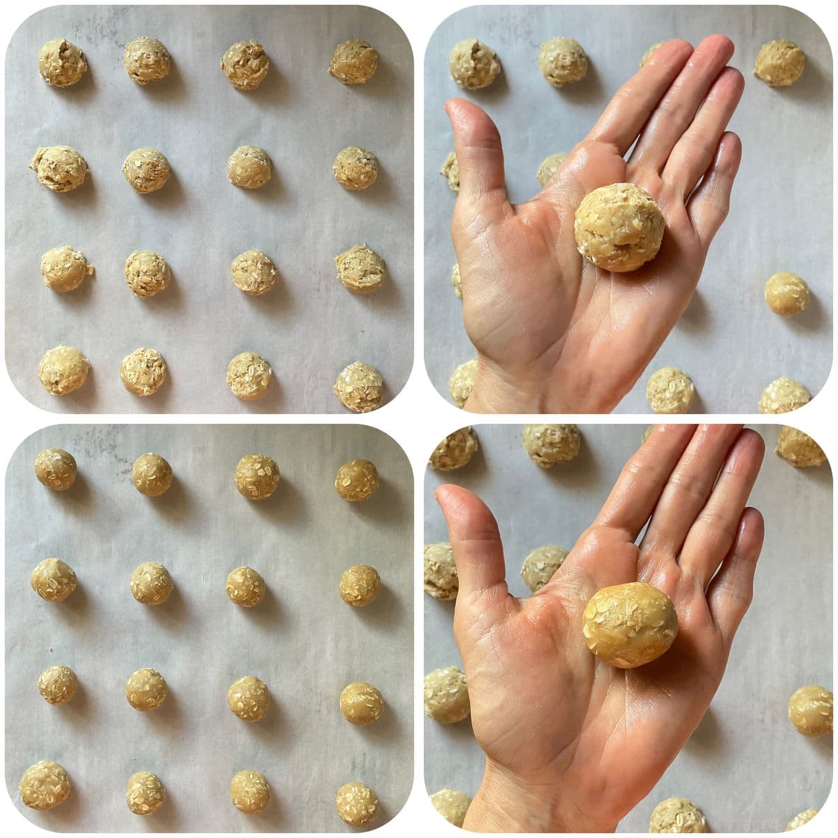 Collage showing oatmeal cookies on a tray and rolling the dough into smooth balls before baking.