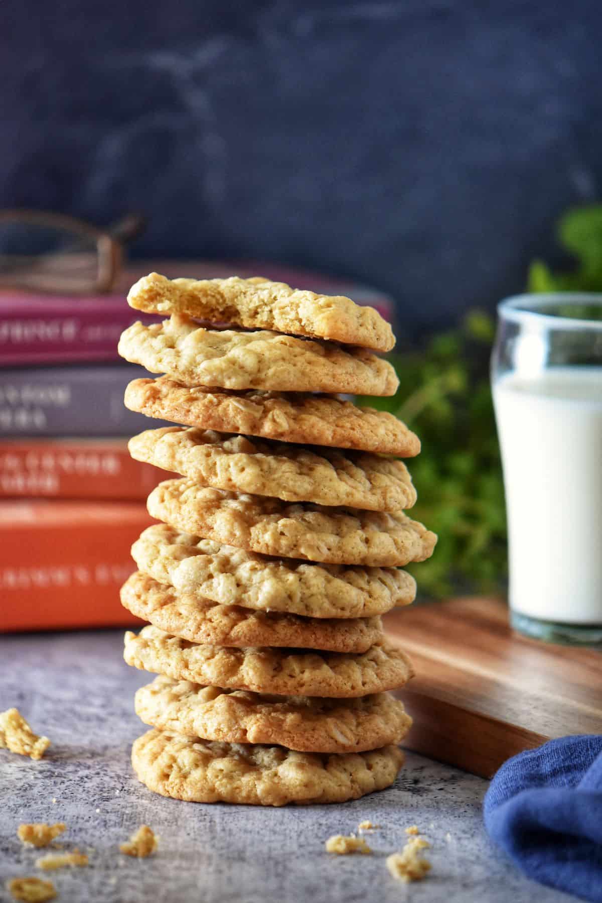 Stack of golden, chewy dairy-free oatmeal cookies.