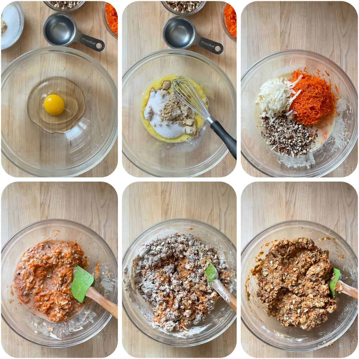 A photo collage of the wet and dry ingredients being combined.