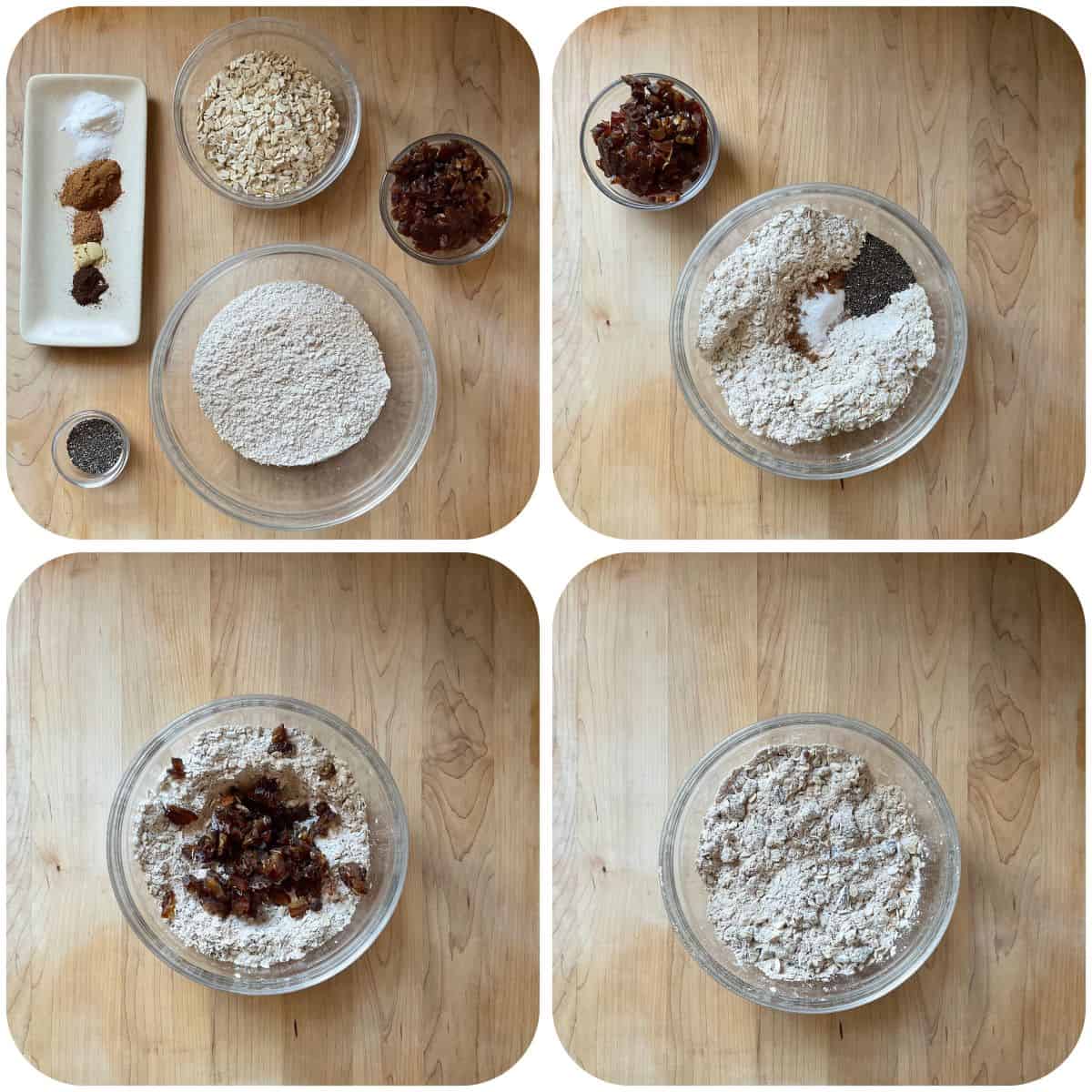 A photo collage of the dry ingredients being combined.