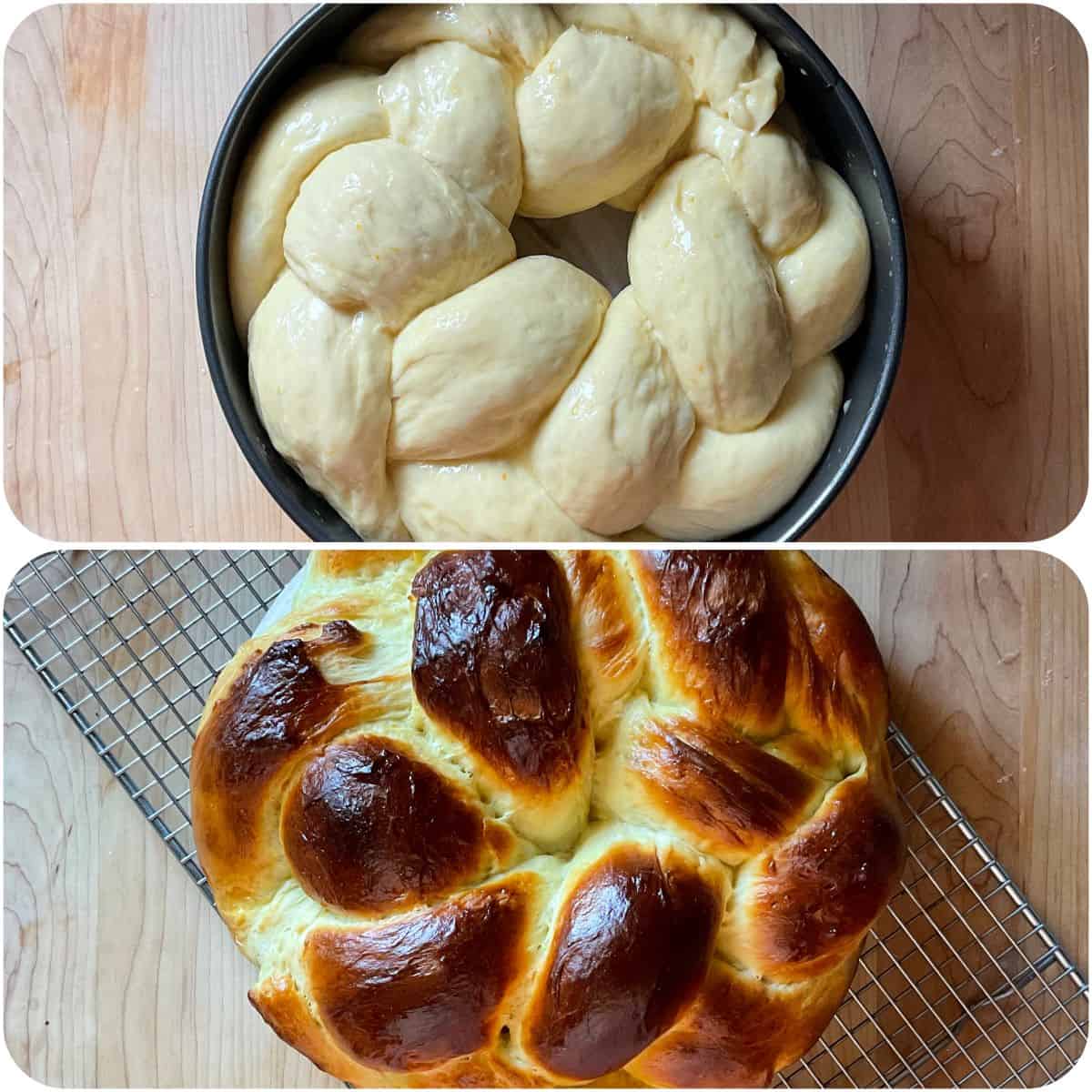 A photo collage of the ricotta coffee cake before and after baking.
