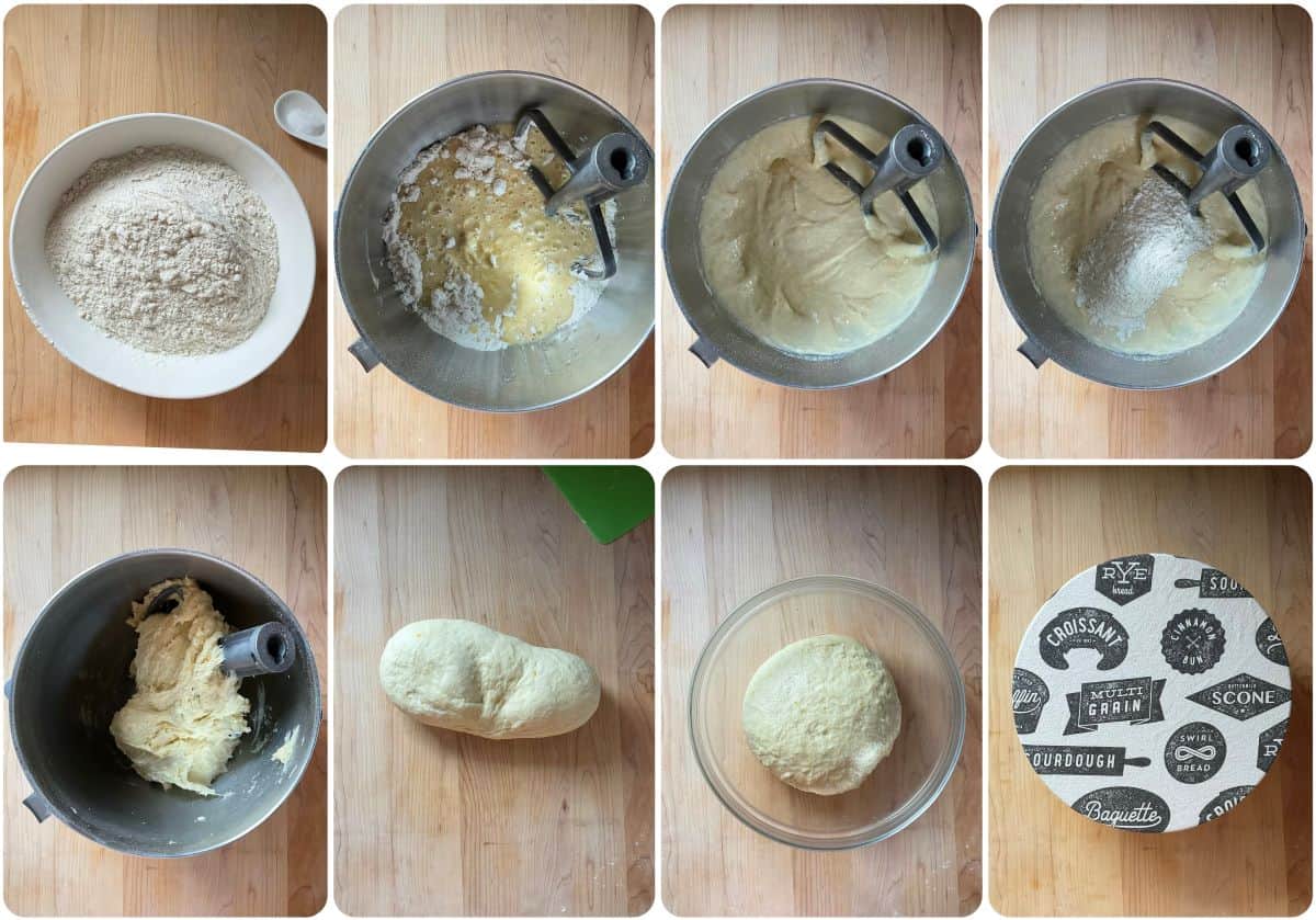 A photo collage showing the process of mixing ingredients for the Orange Ricotta Coffee Cake, including adding the wet ingredients, and forming the dough.