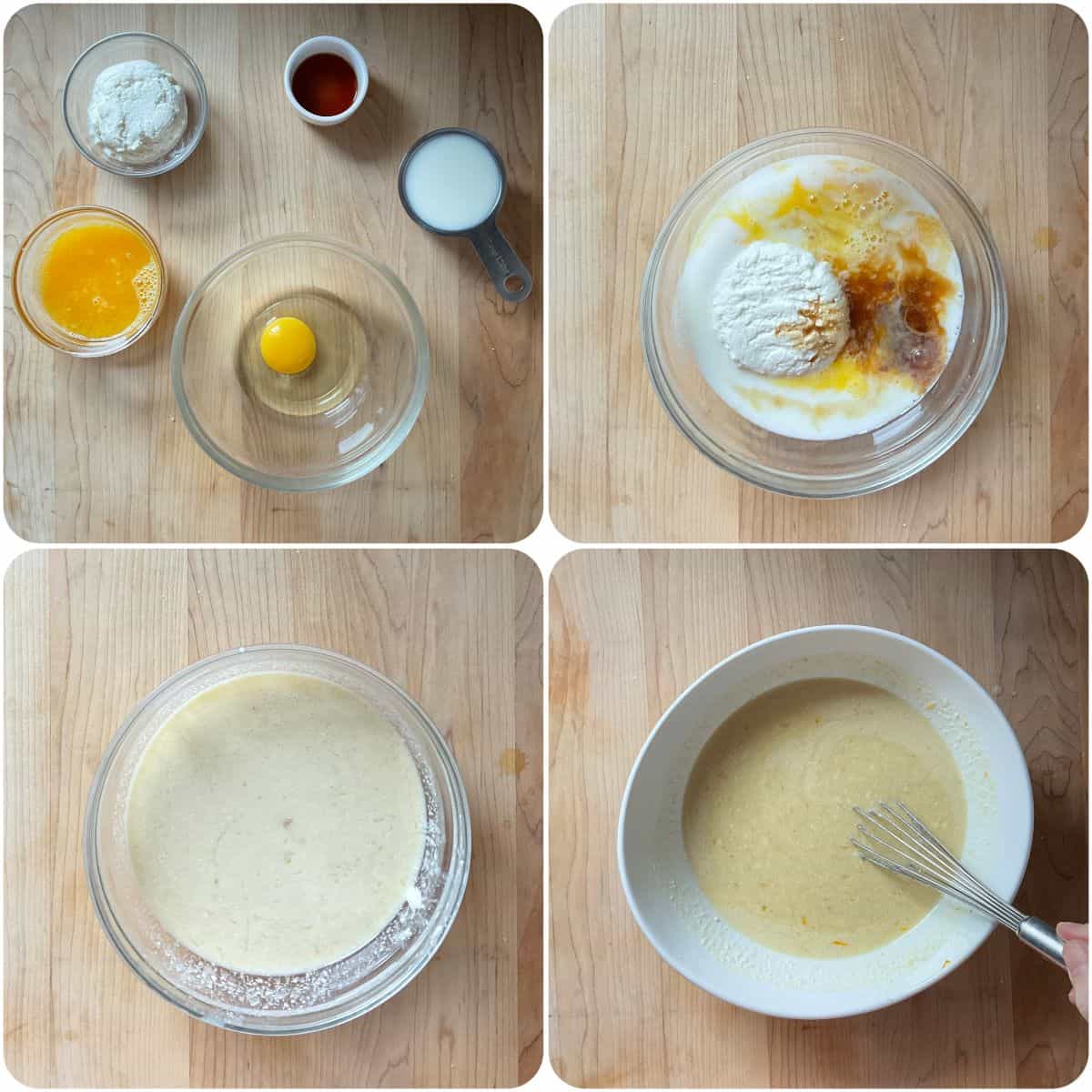 A photo collage of the wet ingredients being combined.