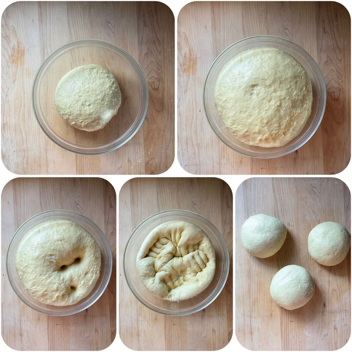 A photo collage showing the first rise of the sweet yeast bread.