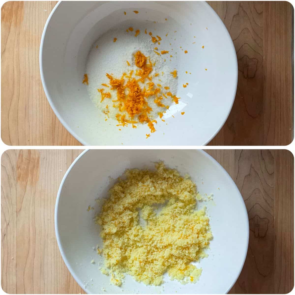 A photo collage of the orange sugar.