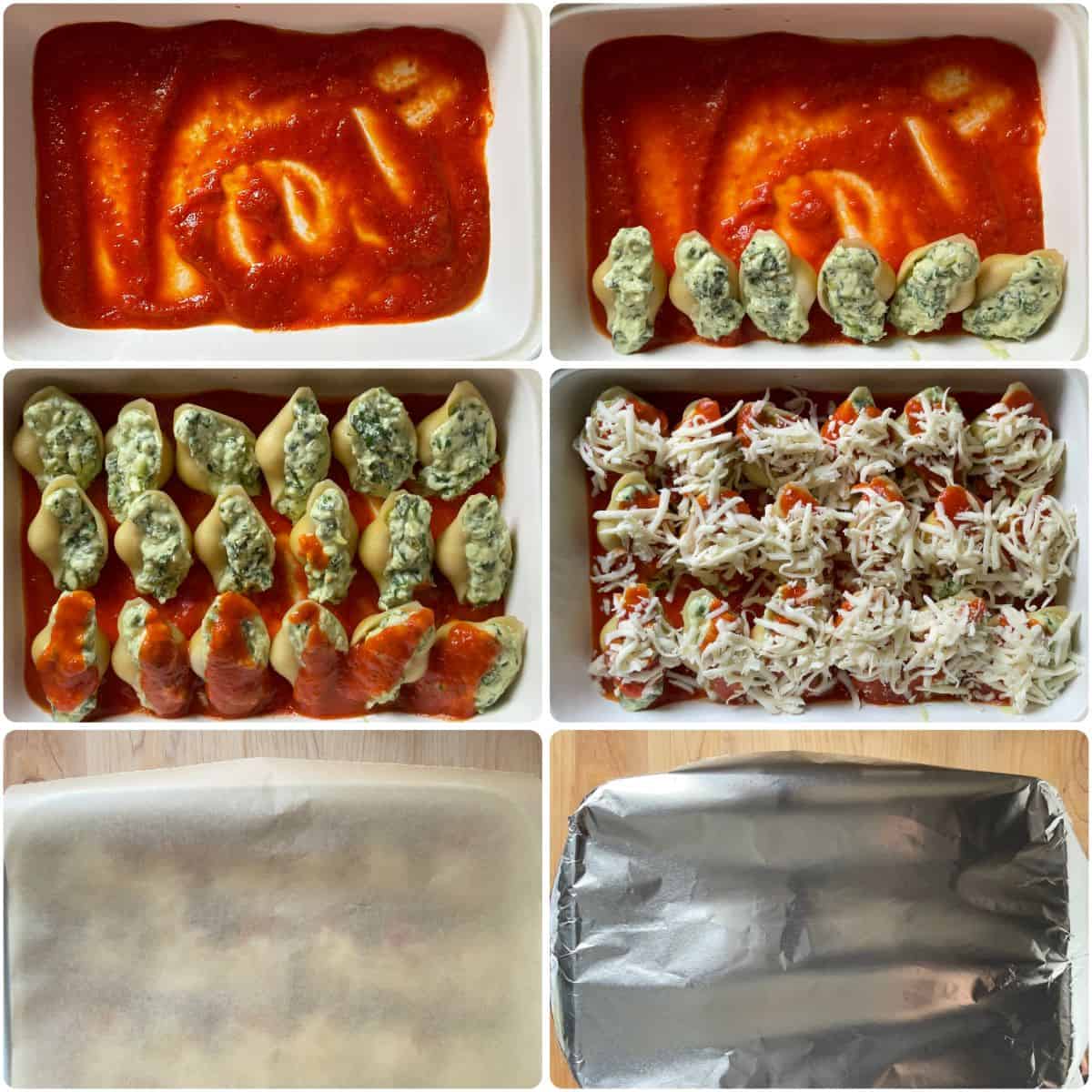 A photo collage of the process of placing large pasta shells in a baking dish and garnishing with tomato sauce and grated cheese before being covered with foil.