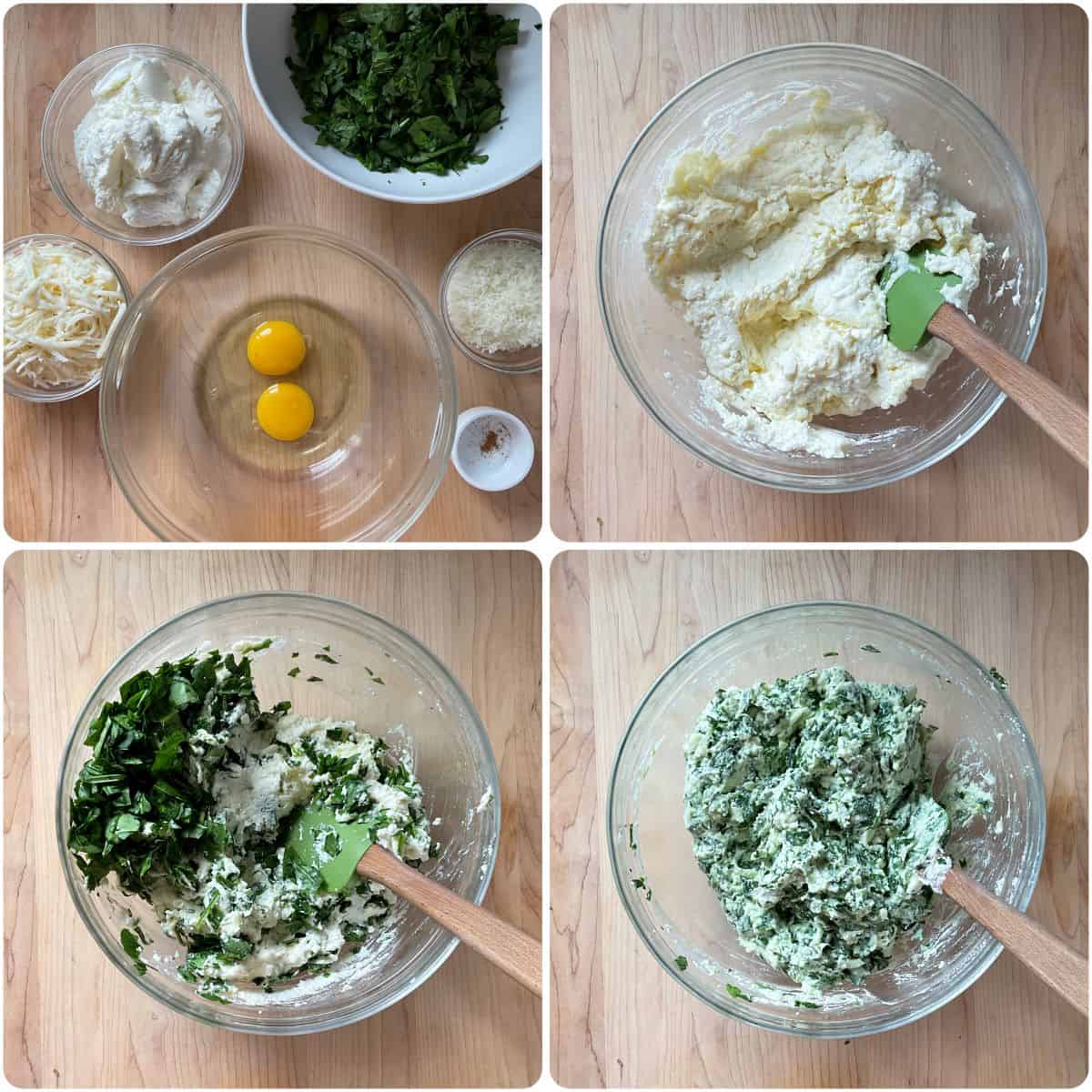 A process shot of the three cheese filling with spinach to stuff large pasta shells.