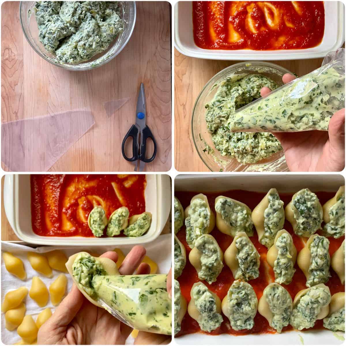 A photo collage of large pasta shells being stuffed with a ricotta spinach filling.