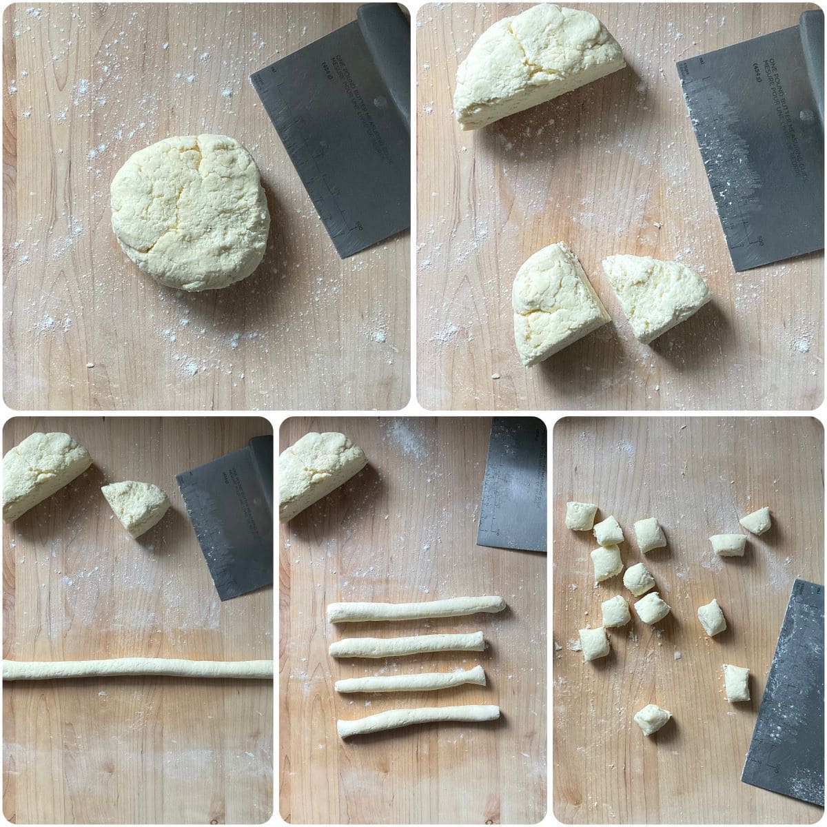 A photo collage of the ricotta gnocchi dough being shaped into individual gnocchi.