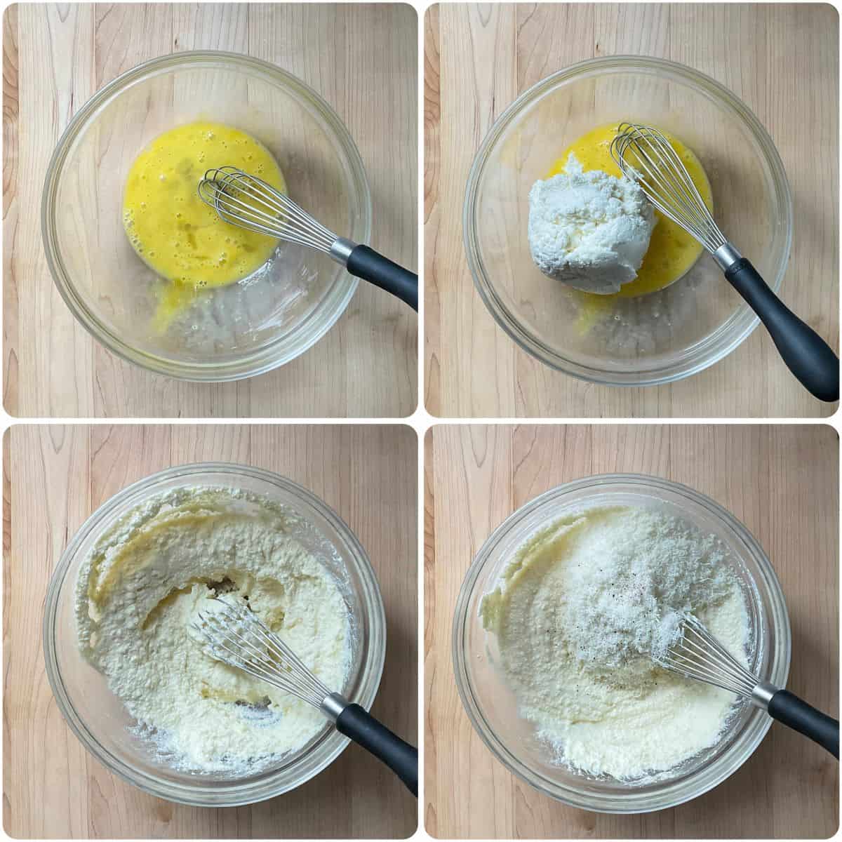 A photo collage of the mixture of the egg, ricotta, grated cheese, salt, pepper, and nutmeg being whisked together.