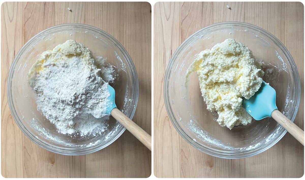 A photo collage of a spatula mixing flour into a ricotta egg mixture in a bowl.