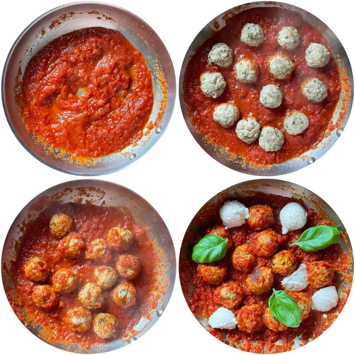 A photo collage of meatballs being simmered in a marinara sauce.