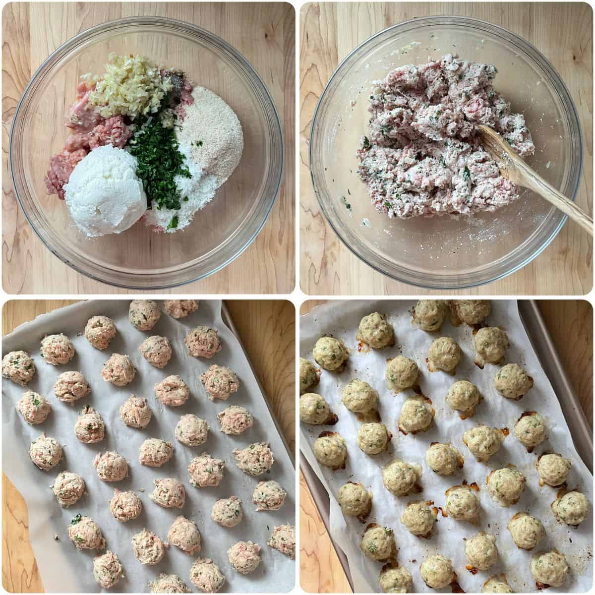 A photo collage showing the process of making ricotta cheese meatballs: from combining the ingredients in a bowl to form a smooth mixture, to shaping and baking the meatballs.