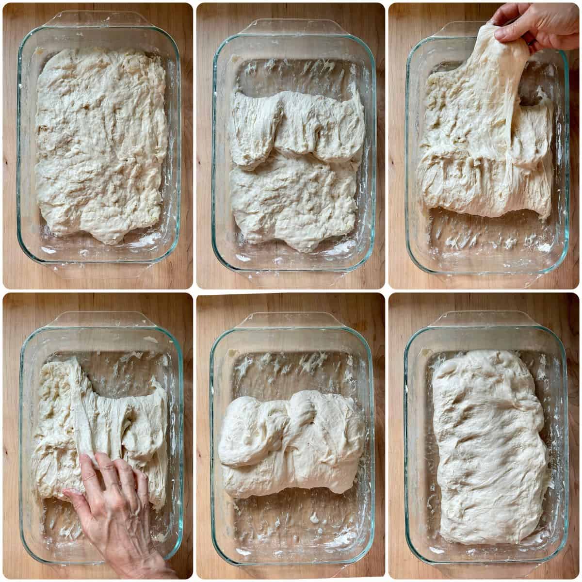 A photo collage of stretching bread dough to build gluten without kneading.
