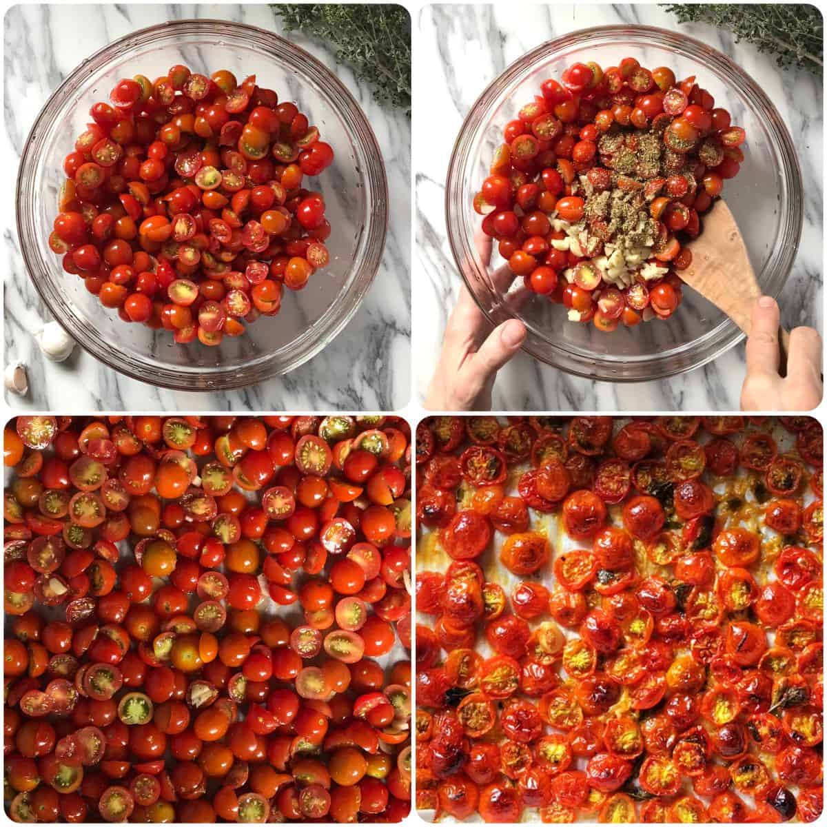 A photo collage of cherry tomatoes sliced in half and placed on a baking sheet.