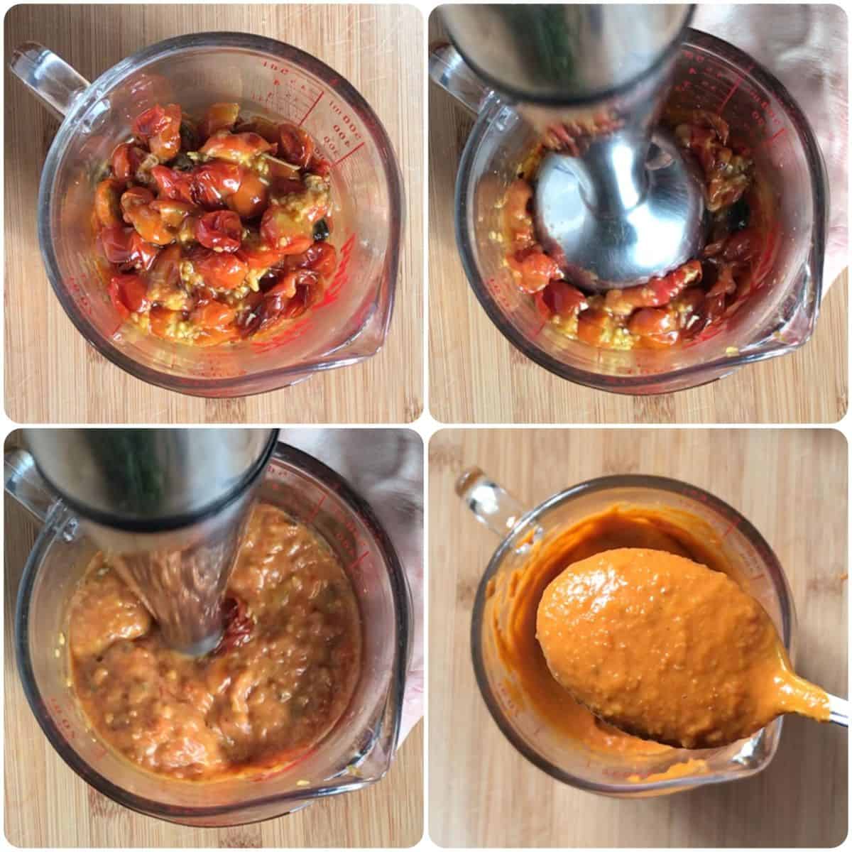 A photo collage of roasted cherry tomatoes being pureed by a hand help food processor.