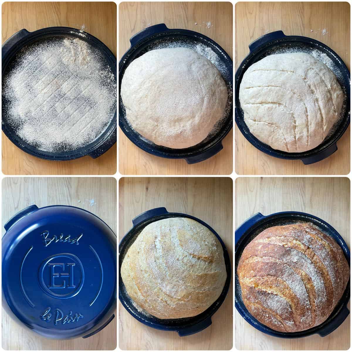 A photo collage of scored and baked Italian round bread in a round bread baker set.