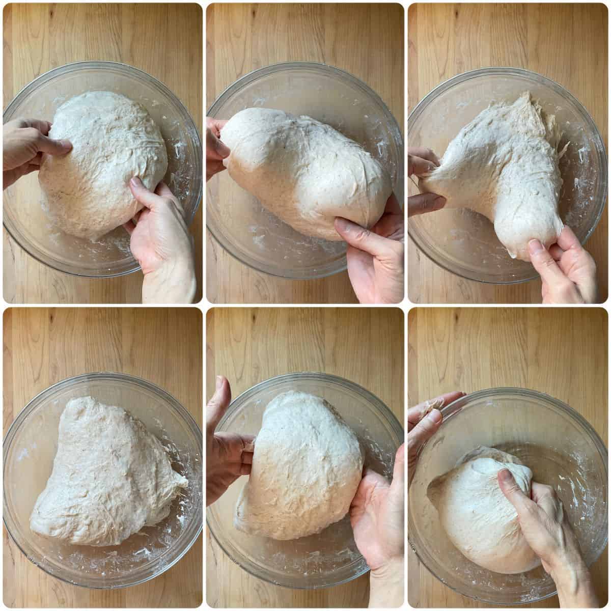 Photo collage of coil folds to make rustic Italian bread.