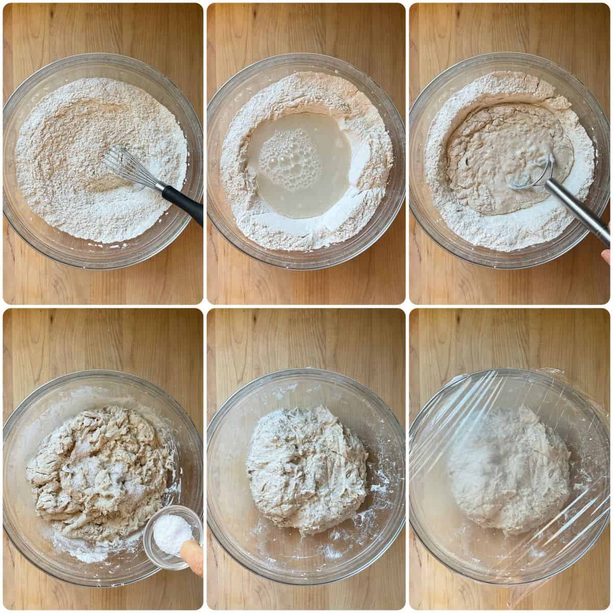 A photo collage of mixing flour, yeast, salt, sugar and water in a large bowl to start the dough to make Italian bread.