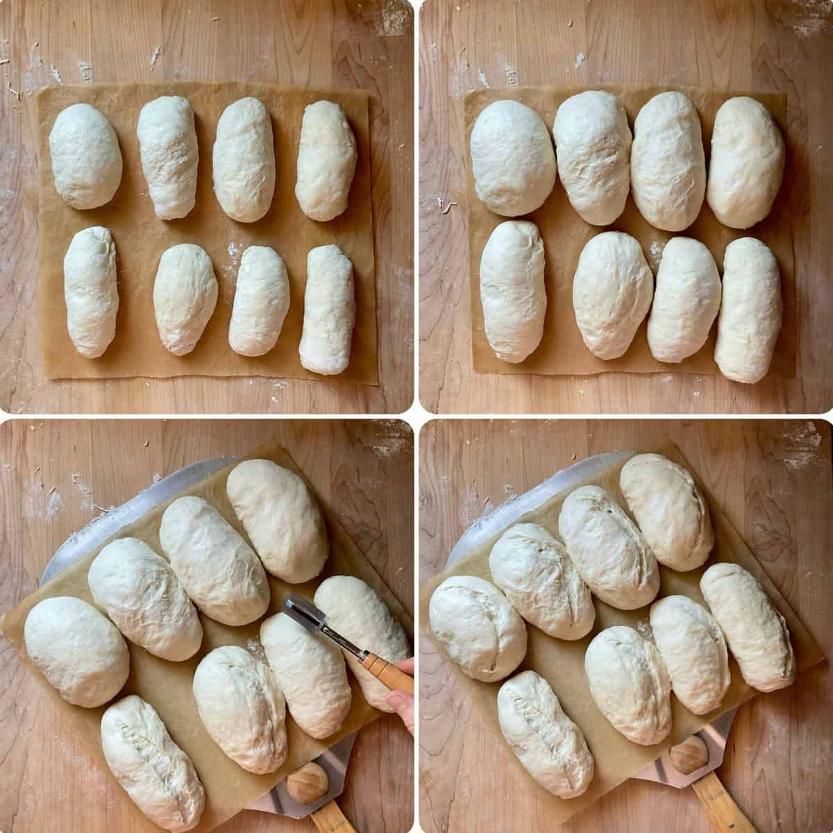 A photo collage of panini bread being scored.