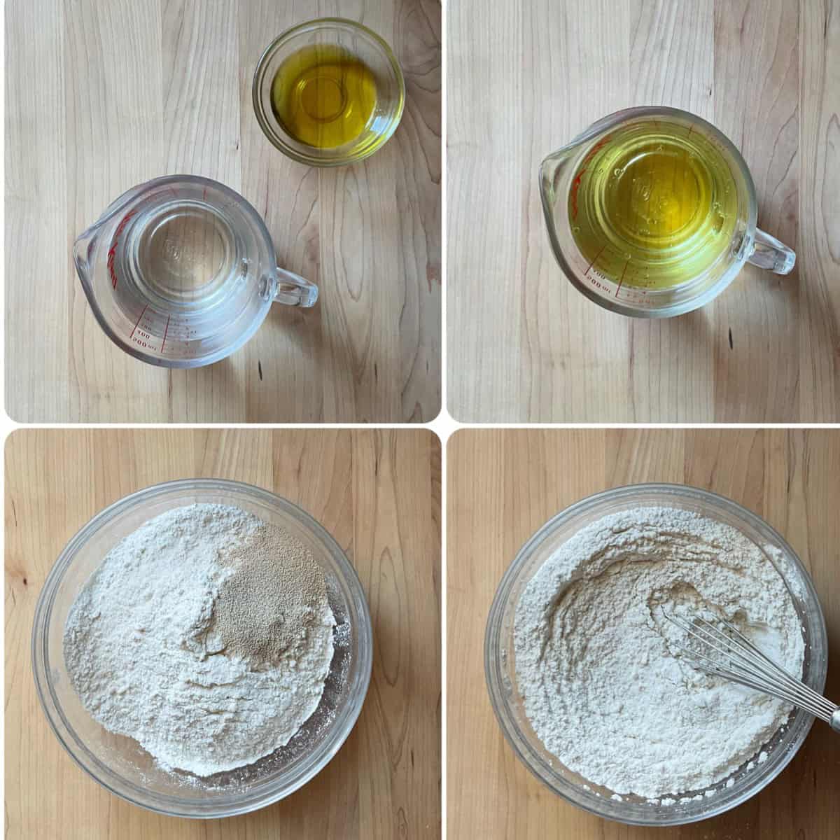 A photo collage of the wet and dry ingredients being combined to make Italian panini bread.