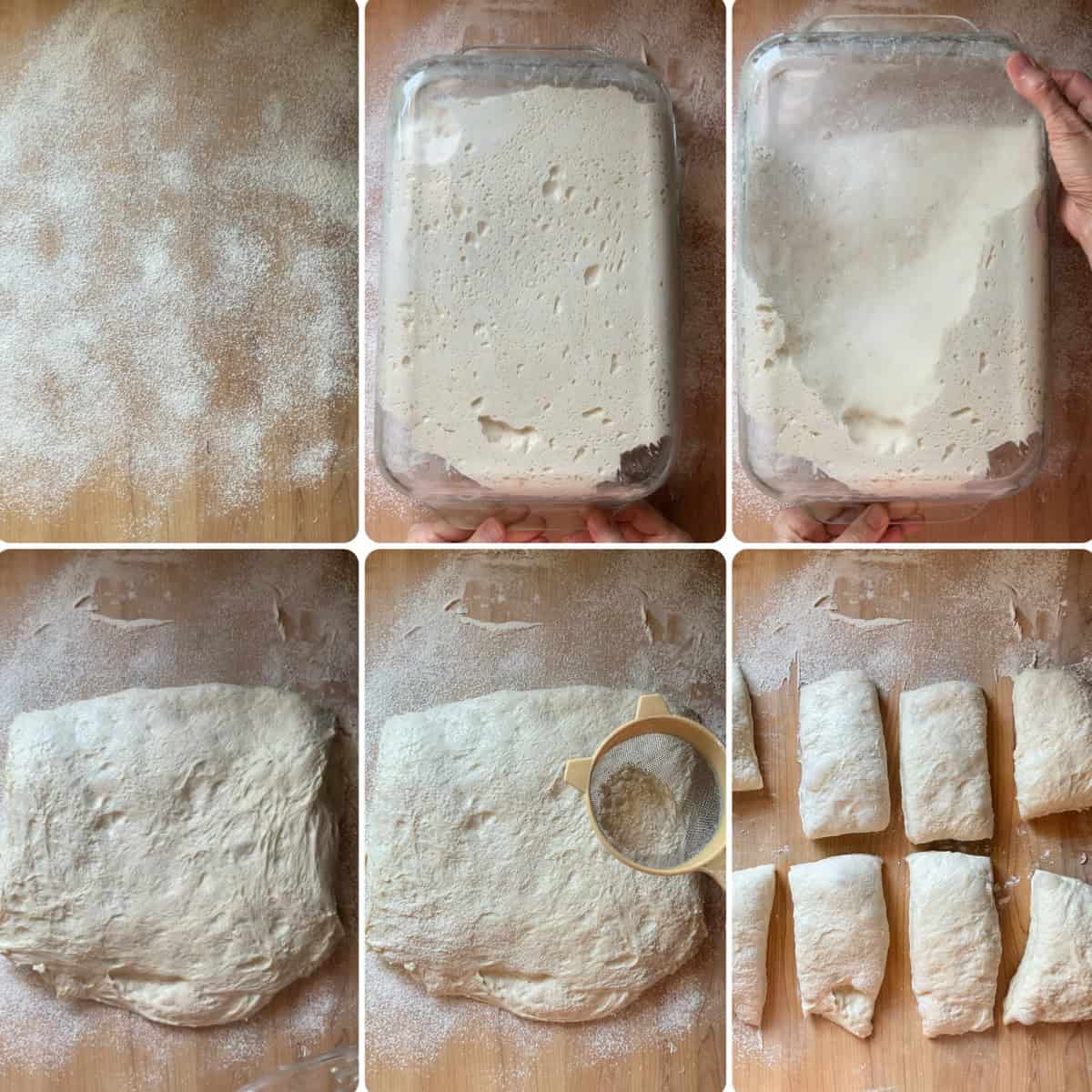 A photo collage of the panini dough being transferred to a floured wooden board and cut into eight portions.