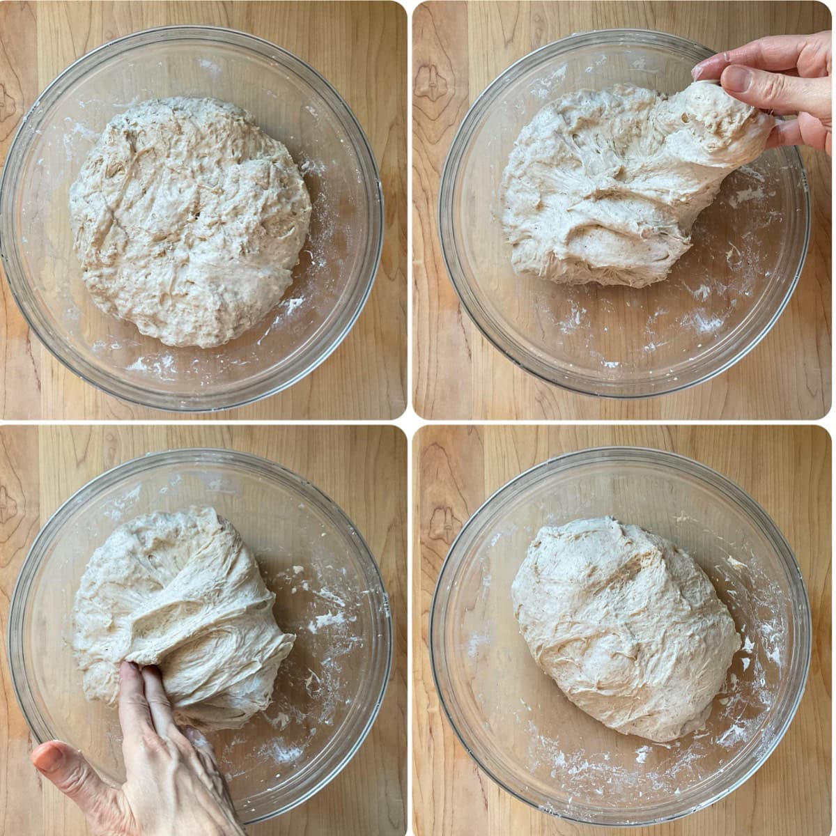 Photo collage of stretch folds to make Italian bread.