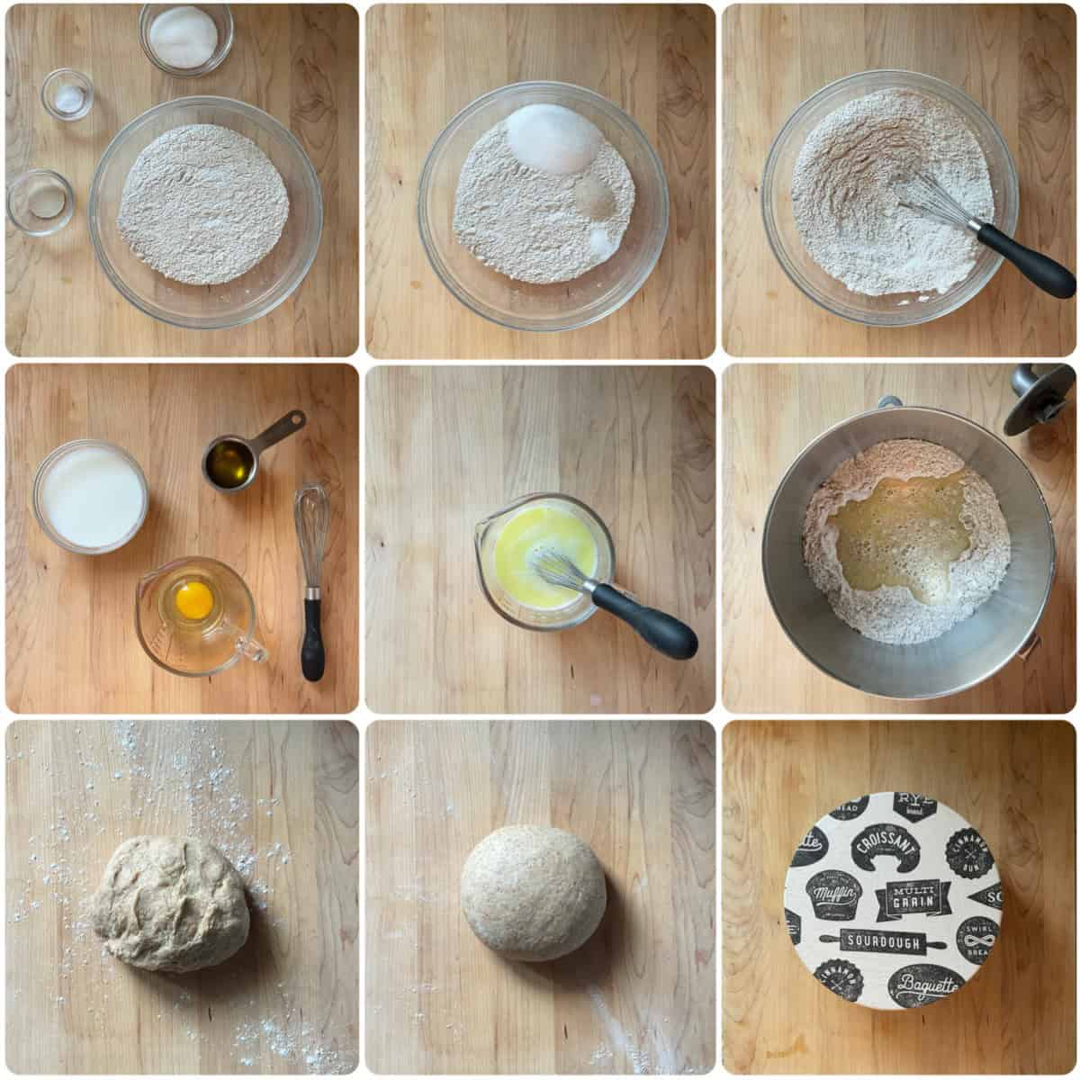 Photo collage showing how to mix dough for fette biscottate (Italian breakfast toast) — combining wet and dry ingredients into a smooth ball.