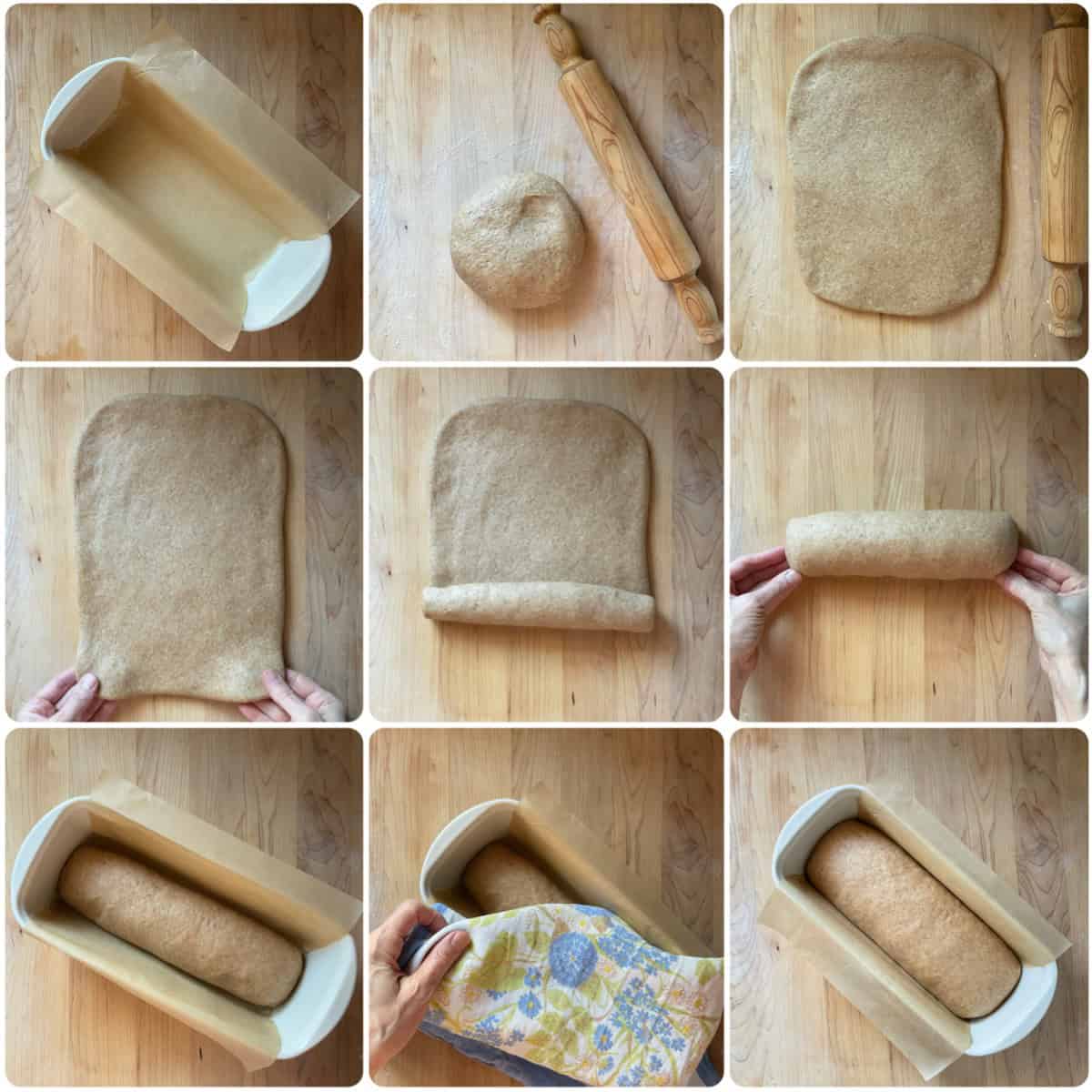 Step-by-step photos of shaping fette biscottate dough into a loaf.