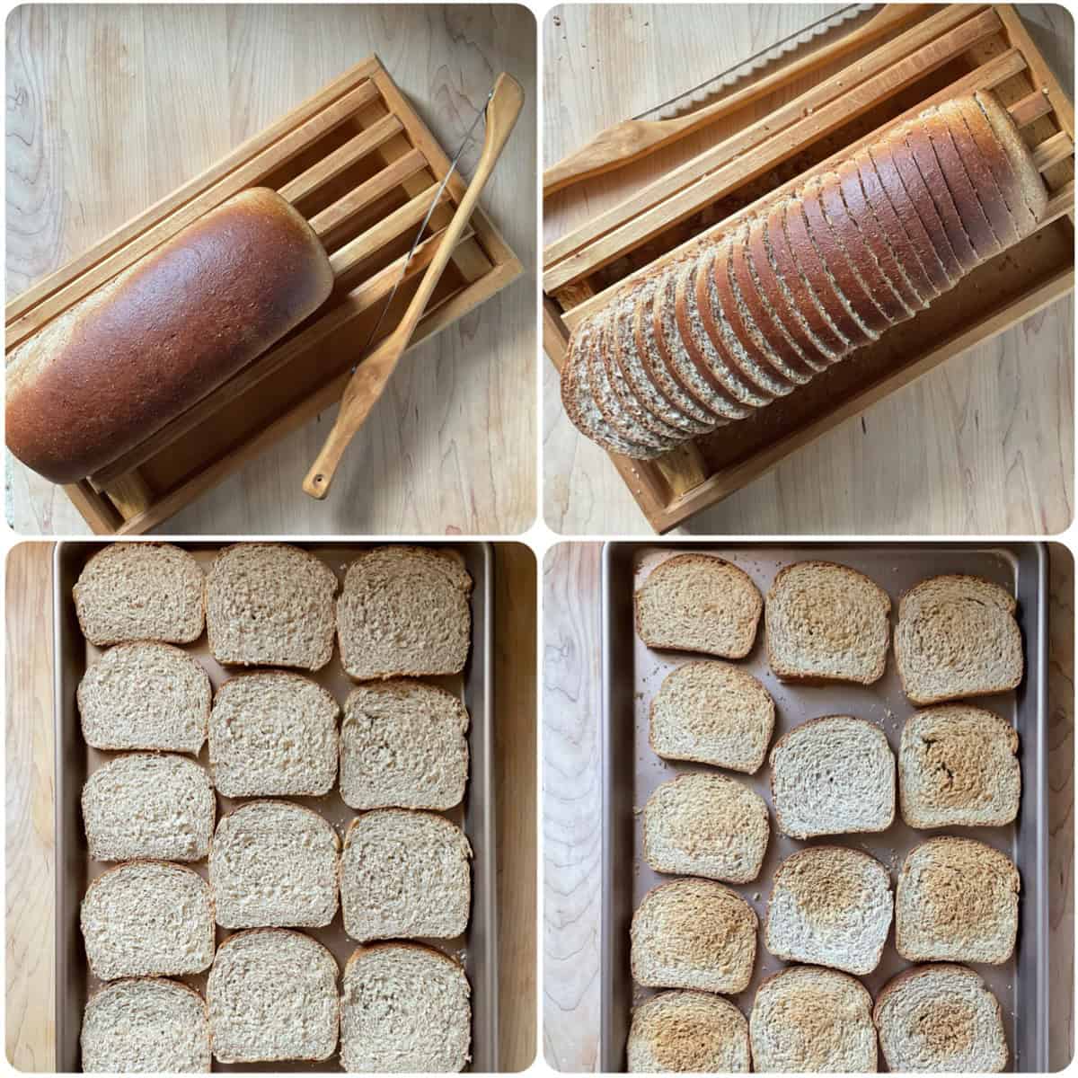Collage showing how to slice fette biscottate evenly with a serrated bread knife, then arrange the slices on a baking sheet for the second bake until crisp and golden.