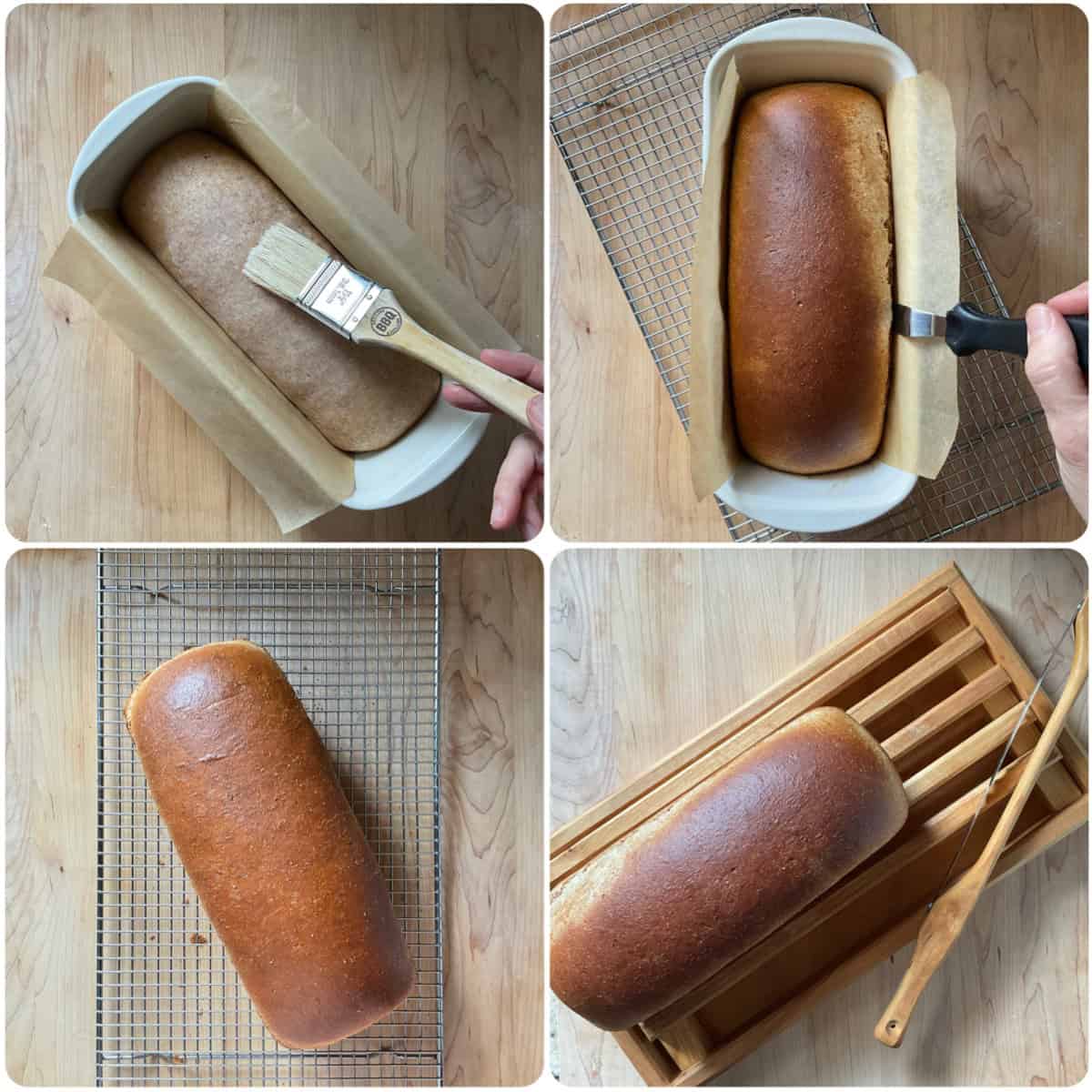 Photo collage showing fette biscottate dough brushed with milk in a loaf pan, as well as the baked loaf cooling on a rack before slicing into Italian rusks.