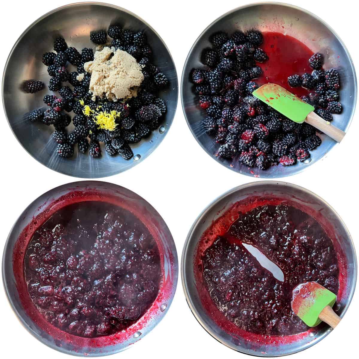 Step-by-step collage showing blackberries cooking down with sugar and lemon into a compote.