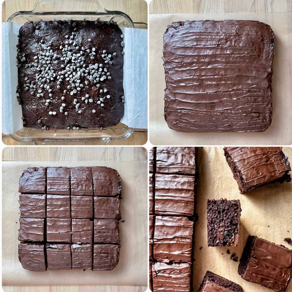 Photo collage of glazed and portioned zucchini brownies.